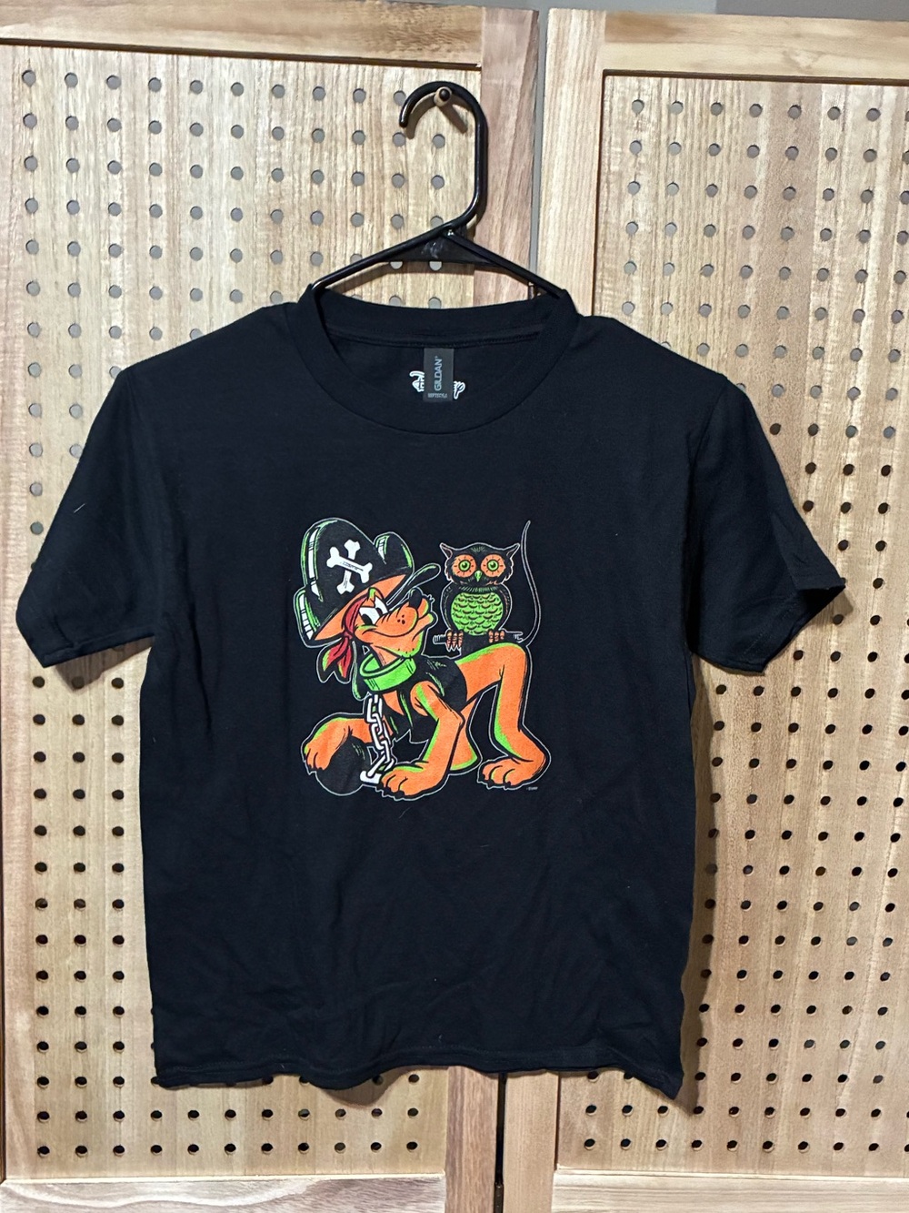 Disney Black Tee with Orange & Green Pirate Pluto and Owl Graphic
